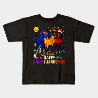 Happy Hallothanksmas Horse Halloween Thanksgiving Christmas Kids T-Shirt